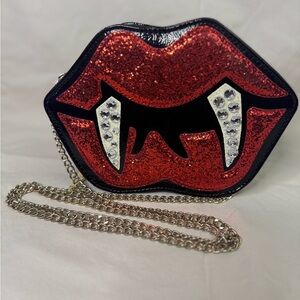 Betsey Johnson Red Glitter Vampire Lips Crossbody Bag